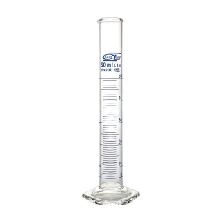 Cilindro graduato in vetro, 50 ml, classe B, scala blu, base esagonale in vetro