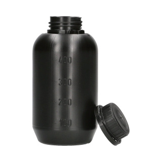 Fľaša HDPE 500 ml okrúhla s uzáverom s plombou čierna – ochrana pred svetlom a neoprávneným otvorením