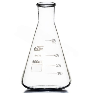 Beuta Erlenmeyer in vetro con collo stretto 500 ml - BORO 3.3, ISO 1773