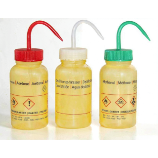 Flacone spray LDPE 250 ml con stampa ACQUA DISTILLATA, collo largo GL40 - giallo