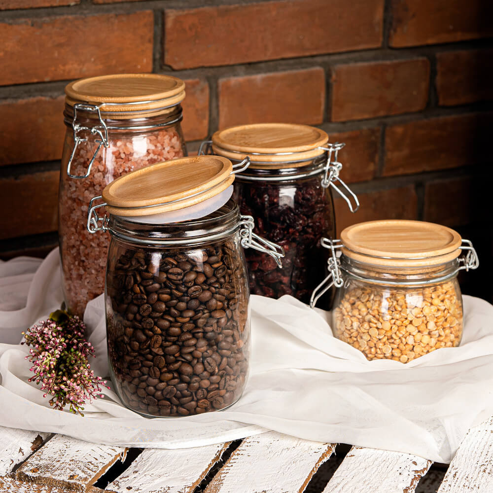 Contenitore in vetro barattolo 1000ml 16cm con coperchio in legno con guarnizione megamix.sk